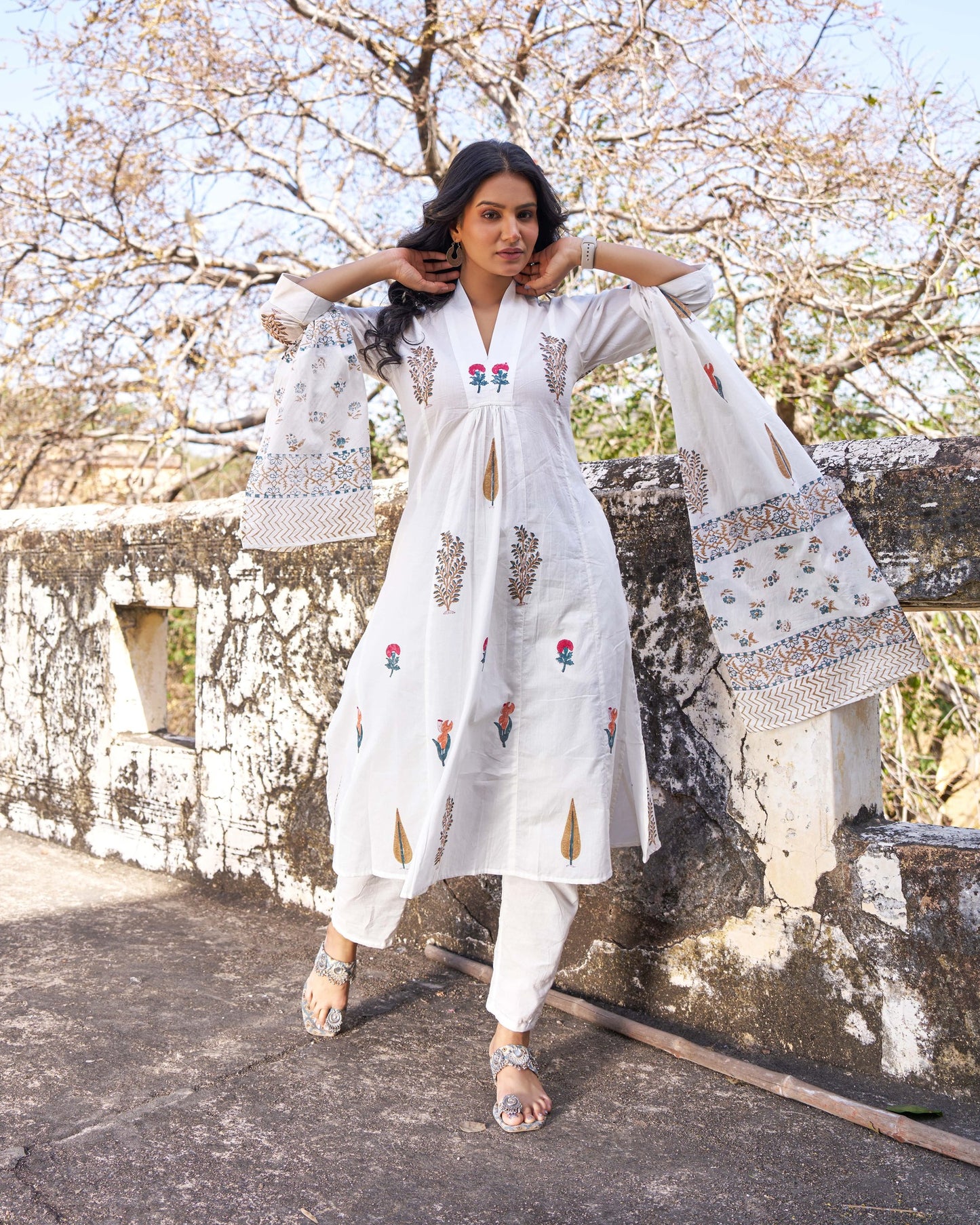 Pankhuri Hand Block Print 3-Piece Suit Set with Pant and Dupatta