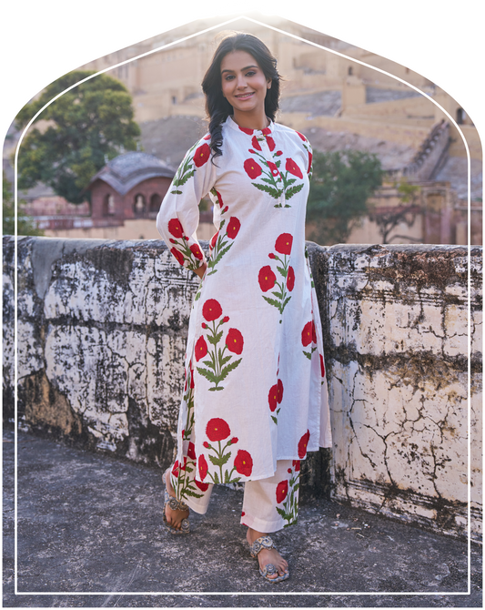 Gul Hand Block Red Poppy Co-Ord Set
