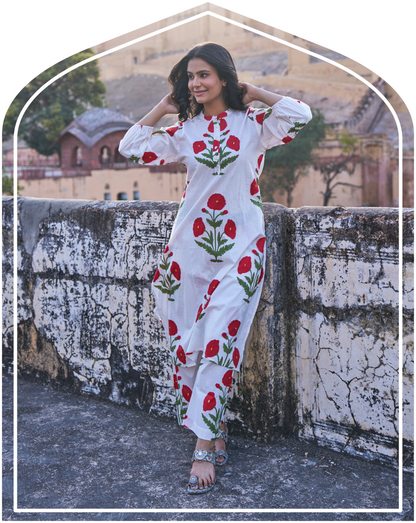 Gul Hand Block Red Poppy Co-Ord Set